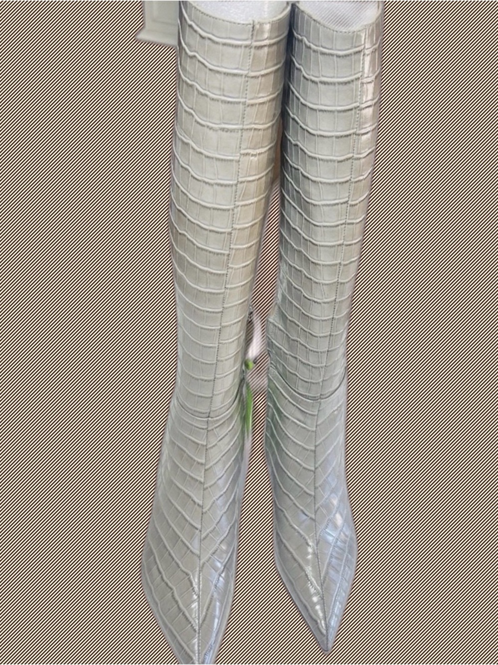 Sam Edelman Croc-Embossed Pointed Toe Knee High Boots in Lite Gray